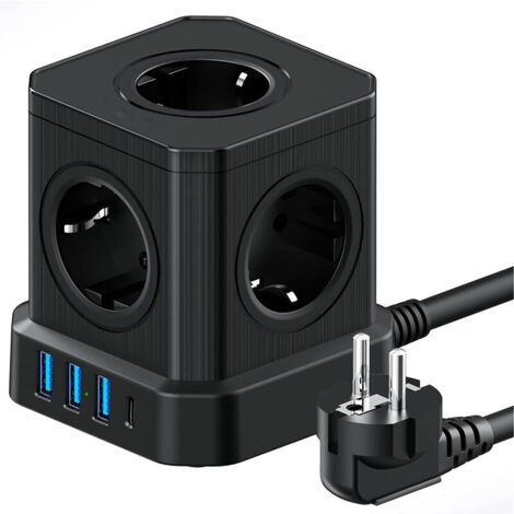 Multiprise Cube 9-en-1 – 5 prises EU et 4 ports USB – 4000W avec interrupteur – Câble 2M pour bureau et maison