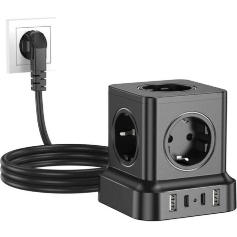 Multiprise Cube avec USB, Multiprise Cube 5 Prises avec 2USB-C et 2USB-A, Cube de Prise 9 en 1 avec Interrupteur, Cube de Prise avec Câble D'extension de 1,8 M, pour Bureau, Maison, Noir