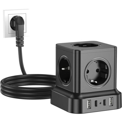 Multiprise Cube avec USB, Multiprise Cube 5 Prises avec 2USB-C et 2USB-A, Cube de Prise 9 en 1 avec Interrupteur, Cube de Prise avec Câble D'extension de 1,8 M, pour Bureau, Maison, Noir