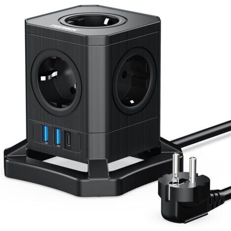 Multiprise Cube USB, Prise Multiple 5 Prises avec USB-A et USB-C (20 W PD3.0) 4000W Cube Rallonge Multiprise avec Interrupteur pour Bureau, Maison, Voyage, câble 2 m Noir