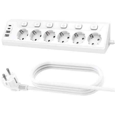 Multiprise d'angle avec ports USB, 6 prises, prise de bureau avec interrupteur, multiprise multifonctionnelle, 2 ports USB et 2 ports Type-C, 10 en 1, blanche.