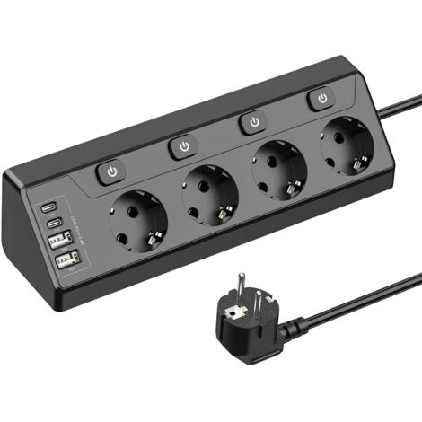 Multiprise d'angle ue, 4 prises ca, prise de Table avec 2 USB A 2 Type C, prise murale Multiple avec interrupteur pour cuisine et maison, rallonge de 2M, Noir