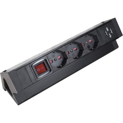 Multiprise de bureau 3 places avec 2 prises USB, interrupteur, protection contre les surtensions, boîtier métallique, câble de 1,5 m et supports. Convient aux bureaux, ateliers et cuisines.