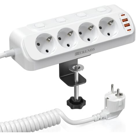 Multiprise de bureau EU Plug, multiprise avec interrupteur individuel, 4 prises AC USB, rallonge de 2m, Blanc
