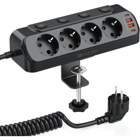 Multiprise de bureau EU Plug, multiprise avec interrupteur individuel, 4 prises AC USB, rallonge de 2m, Noir