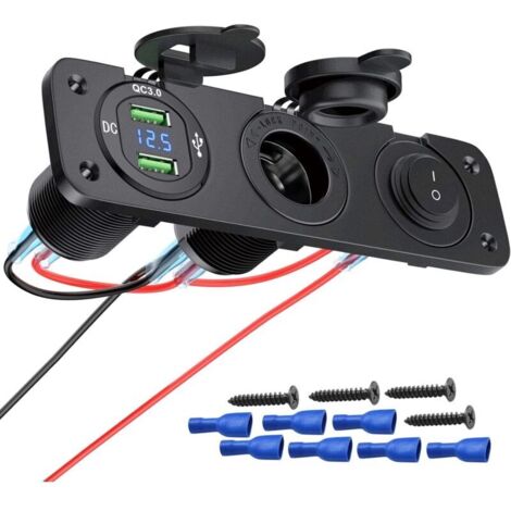 Multiprise de charge 3 en 1 avec prise 12 V, chargeur double prise USB QC3.0, interrupteur à bascule éclairé pour bateaux, remorques, voitures, bus