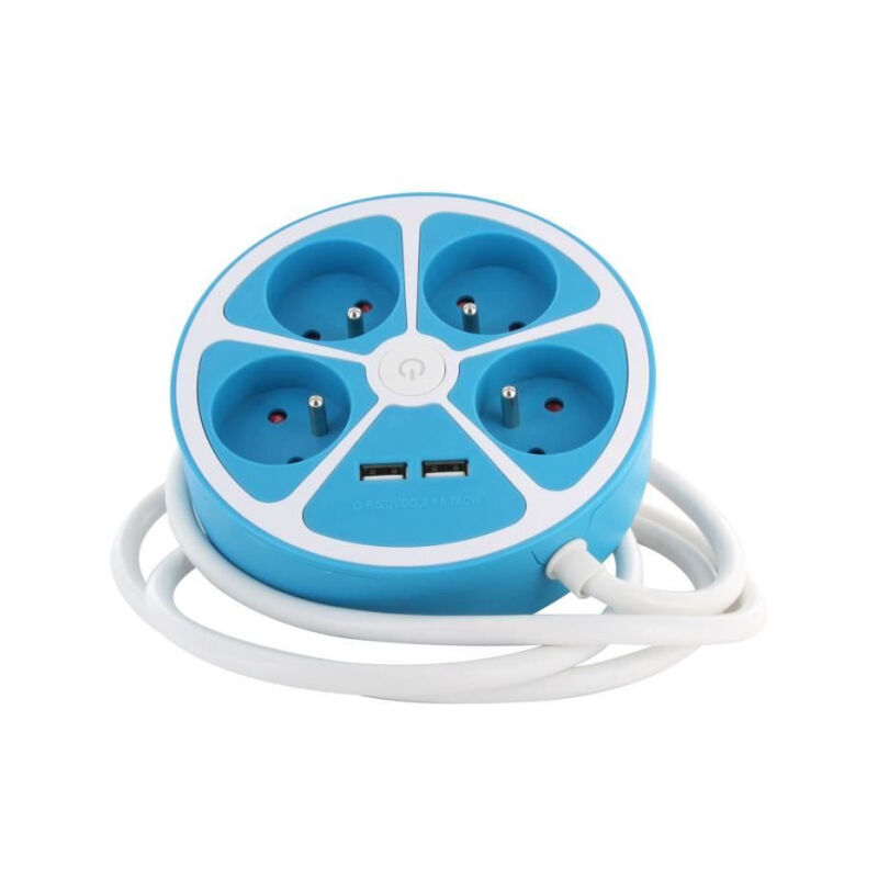 Multiprise design circulaire Chacon 4X16 a - Cordon 1,5 m - Avec 2 usb-a + Interrupteur - Bleu