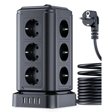 Multiprise Electrique 5M, 12 Prises et 5 Ports USB, Multiprise Parefoudre avec 2 Interrupteurs Protection Contre, 5M Cordon,Convient pour Le Salon, la Chambre, et Le Bureau.