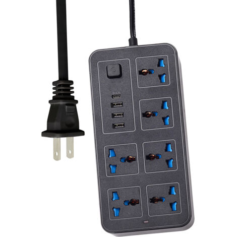 Multiprise Électrique 6 Prises AC, 3 Ports USB, 1 Port USB-C, 1.8m Cordon, Noir Frosted, ABS, Bouton ON/OFF, Indicateur Lumineux