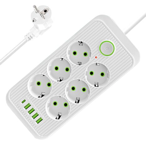 Multiprise Electrique, Multiprise USB 6 Prises avec 4 Ports USB(3 USB A+1 USB C), Prise Plate avec Interrupteur, Parasurtenseurs, 10A 2500W, Rallonge Electrique 2M, pour Bureau, Maison
