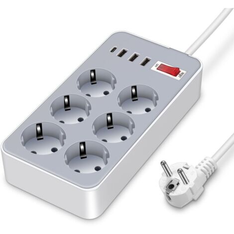 Multiprise Electrique USB, avec 6 prises secteur + 3 ports USB-A + 1 port USB-C, Multiprise Bureau USB avec Interrupteur Cordon de 1.8m pour iPhone 15/ iPad/Smartphone