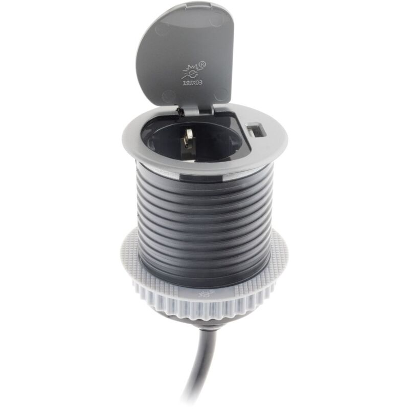 Prise encastrable Schuko + usb Ø60mm - Gris Otio
