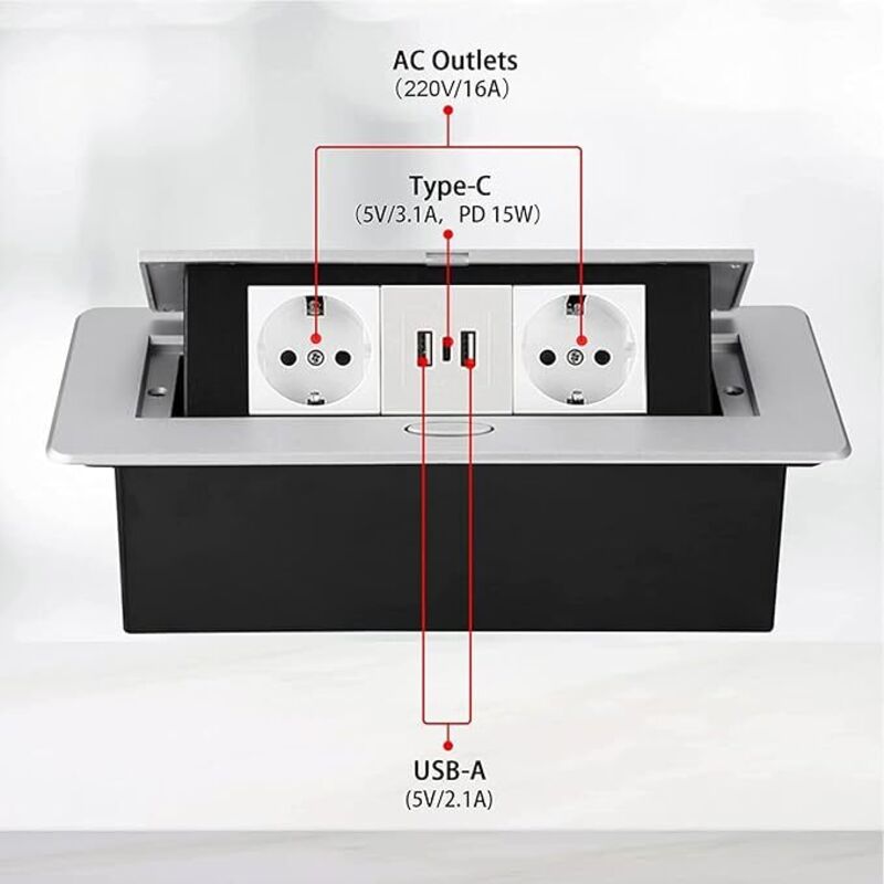 Multiprise Encastrable Plan de Travail argent Bloc Prise Escamotable avec 2 Prises et Port usb et Port TypeC Prise Plan de Travail Cuisine Prise de