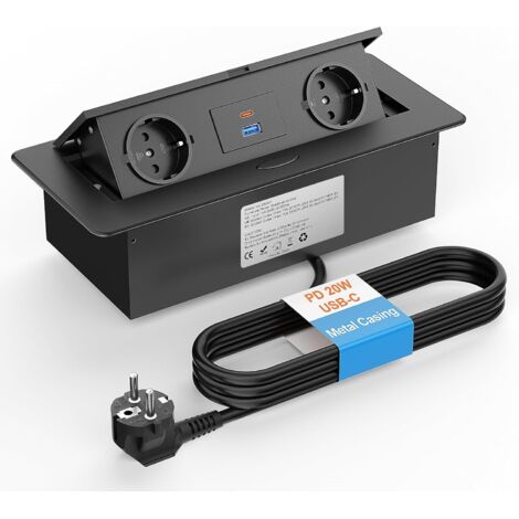 Multiprise Encastrable USB C PD 20W, Prise Plan de Travail Cuisine, 2 Prise Encastrable Cable 2m, 10A/2500W Noir