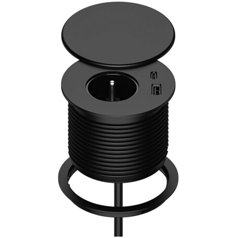 Multiprise Encastrée - 1 Prise Secteur - 1 Port USB-A - 1 Port USB-C - Câble 1,5 M - Diamètre 80 Mm - Pour Bureau Cuisine Meuble - Noir