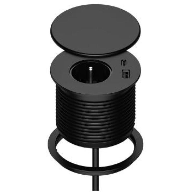 Multiprise encastrée avec 1 prise, 1 port usb-c, 1 port usb-a, diamètre 80 mm, câble 1,5 m, prise de bureau pour cuisine, bureau, meubles, noir