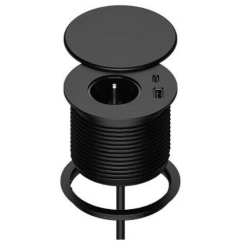 Multiprise encastrée avec 1 prise, 1 port USB-C, 1 port USB-A, diamètre 80 mm, câble 1,5 m, prise de bureau pour cuisine, bureau, meubles, noir