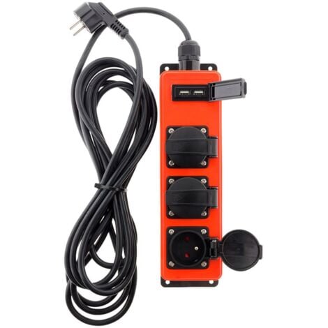 Multiprise étanche 3 prises 16A 2P+T avec 2x USB 2,1A - Polyvalente intérieur/extérieur - Rouge - Zenitech