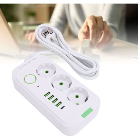 Multiprise européenne 3 prises 4 ports USB A et C – Câble de 2m – Interrupteur de surcharge 10 A – Pour bureau et espaces confinés - 2m