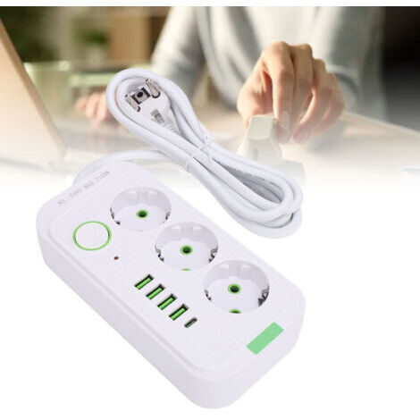 Multiprise européenne 3 prises 4 ports USB A et C – Câble de 2m – Interrupteur de surcharge 10 A – Pour bureau et espaces confinés - 2m--