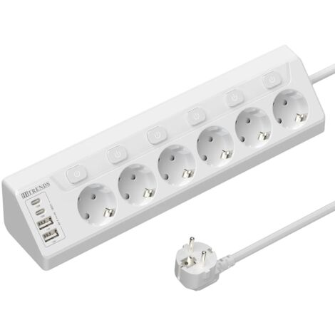 Multiprise européenne à 6 voies avec 2 USB 2 Type C, prise multifonctionnelle d'angle avec câble de 2m pour Table de maison, Blanc