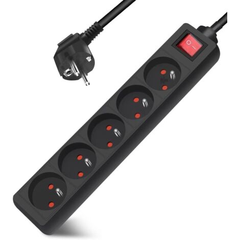 Multiprise monobloc 5 prises 16A avec rallonge interrupteur 3M 230 V avec sécurité enfant, noir