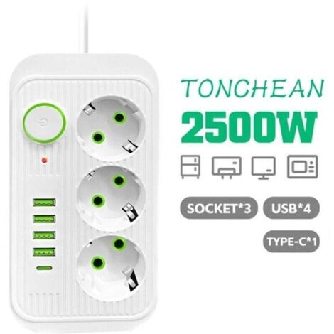 Multiprise Murale 3 Prises et 4 USB avec 1 USB C. Electrique 8 en 1. Multiprise Secteur pour la Maison Le Bureau Blanc
