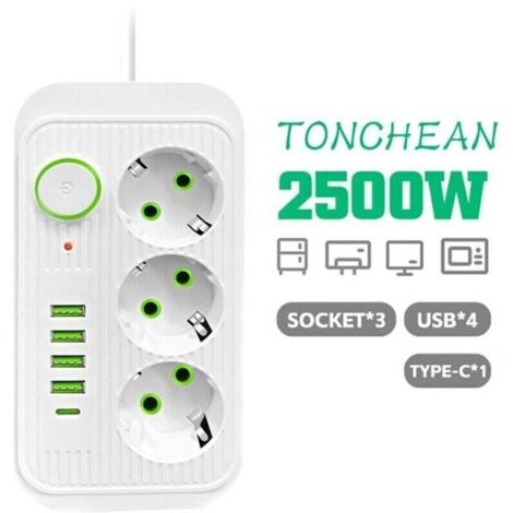 Multiprise Murale 3 Prises et 4 USB avec 1 USB C, Electrique 8 en 1, Multiprise Secteur pour la Maison Le Bureau Blanc,de DEBUNS