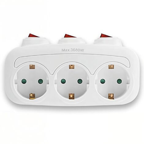 Multiprise Murale - 3 Prises Horizontales avec Interrupteurs Individuels - Adaptateur de Prise Sans Câble - Blanc - 16 A 250 V - 3680 W
