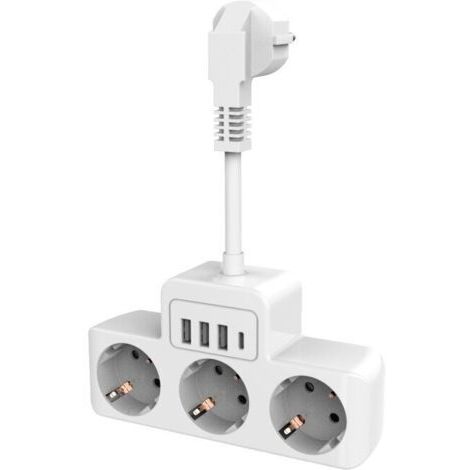 Multiprise murale 4 prises 16A/4000W – 3 ports USB 5V/3,4A – Câble court 0,1m – Interrupteurs indépendants pour contrôle individuel