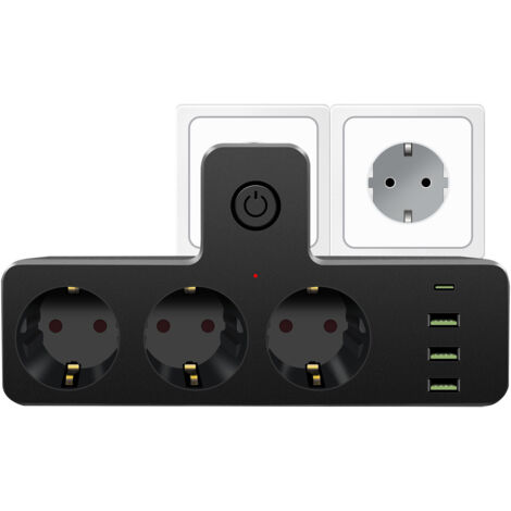 Multiprise murale 7 en 1 avec interrupteur – 3 prises USB et 1 type C – Protection enfants intégrée – Pour bureau et maison