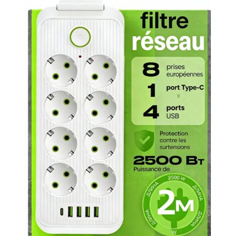 Multiprise murale à 6 trous et 4 interfaces USB avec 1 port USB-C, multiprise multifonctionnelle 10 en 1, adaptée à une utilisation à domicile et au bureau, blanche.