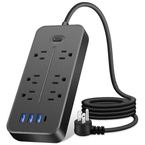 Multiprise Murale avec 6 Prises, 3 Ports USB et Port Type-C - Protège contre les Surtensions