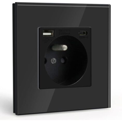 Multiprise Murale Max 2.1A avec USB et 1 Prise avec Type C,16A Prise de Courant Alternatif avec Panneau en Verre,Convient au Smartphone, à la Tablette (Noir)