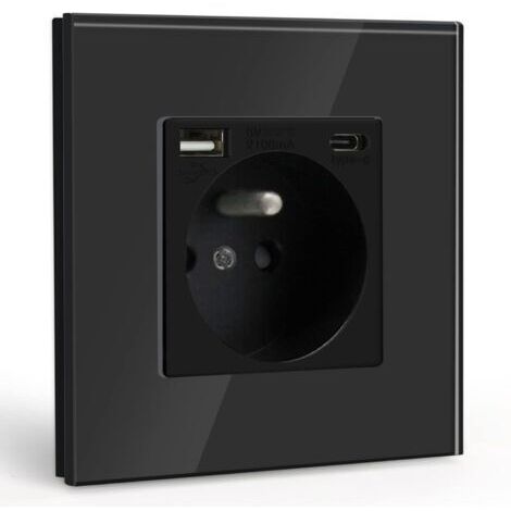 Multiprise Murale Max 2.1A avec USB et 1 Prise avec Type C,16A Prise de Courant Alternatif avec Panneau en Verre,Convient au Smartphone, à la Tablette (Noir)
