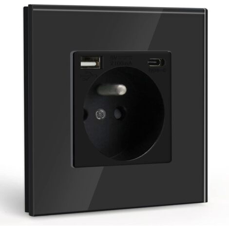 Multiprise Murale Max 2.1A avec USB et 1 Prise avec Type C,16A Prise de Courant Alternatif avec Panneau en Verre,Convient au Smartphone, à la Tablette (Noir)
