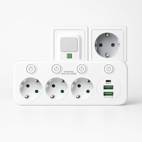 Multiprise Murale, Multiprise avec Interrupteur Individuel, 6 en 1 Multiprise USB avec 2 USB et 1 Type C et Conception de la veilleuse, 3 Prise Multiple pour la Maison, Bureau
