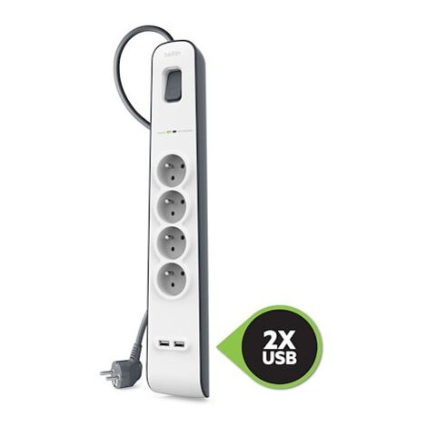 Multiprise parafoudre 4 prises + 2 USB A blanche Belkin