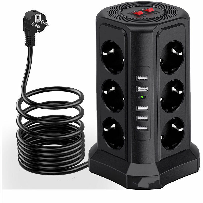 Multiprise Parafoudre et Surtension - Multiprise Électrique avec 5 Ports USB et 12 Prises, 3 Interrupteurs - Couleur Noir.