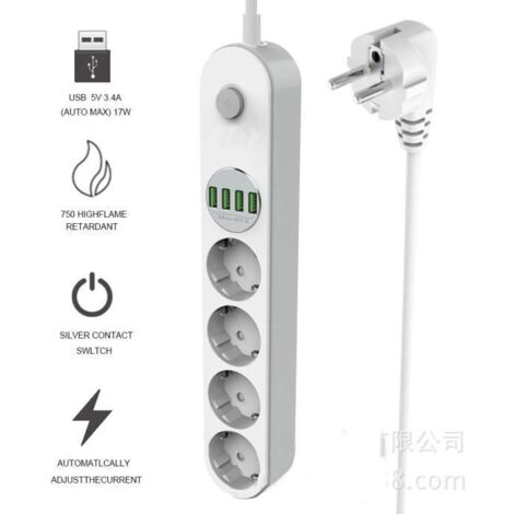 Multiprise Parasurtenseur Parafoudre 4 Prises et 4 Prises USB - Blanc - Type E - 10A - 2m