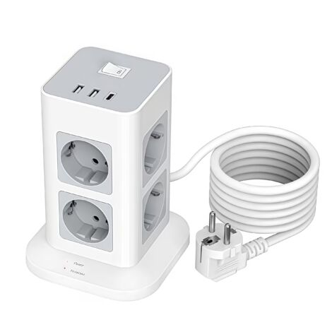 Multiprise Prise Multiples - 8 Prises + 2 USB A + 1 USB C - Protection Antisurtension 1700 J - Puissance Max 3600 W - Câble Extension 2 m - Gris