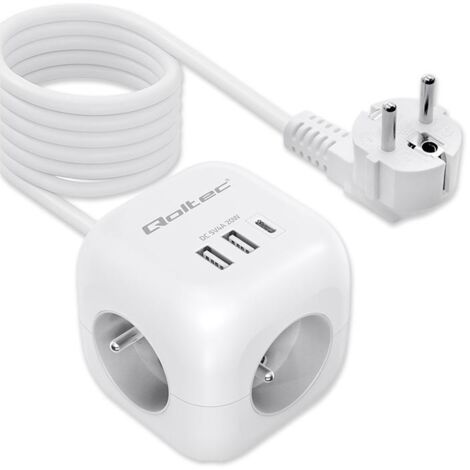 Multiprise Qoltec 6-en-1 avec interrupteur lumineux 3 prises secteur 2 ports USB 1 port USB-C PD 20 W Blanc Câble de 2 m