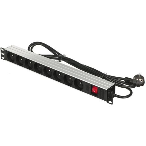 Multiprise rackable 19 pouces avec 8 prises CEE 7/5 et fiche CEE 7/7 avec interrupteur.
