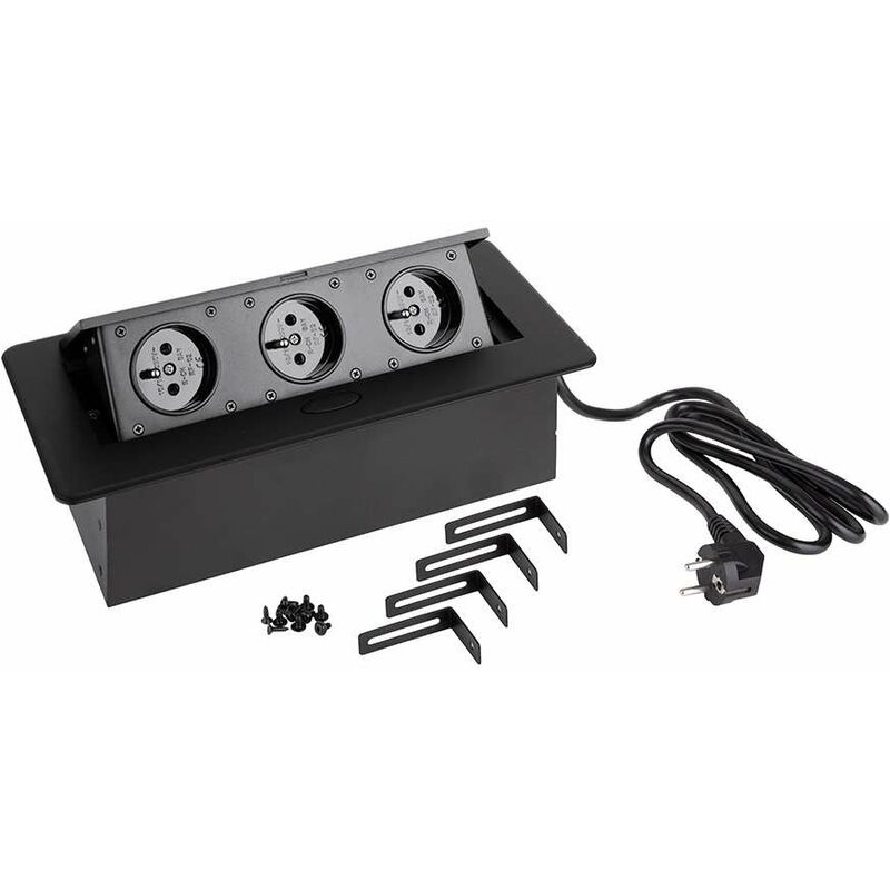 Multiprise rectangulaire encastrable 3 prises 230V couvercle rabattable escamotable câble alimentation 1,5m Plan de travail Cuisine Bureau Atelier