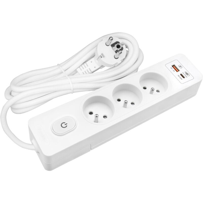 Multiprise seldur G3FH12B, 3 prises type e + interrupteur, usb a+c charge rapide 20W, Blanc, câble 1.5m
