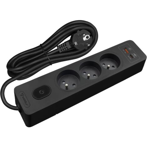 Multiprise SELDUR G3FH12S, 3 prises type E + interrupteur, USB A+C charge rapide 20W, Noir, câble 1.5m