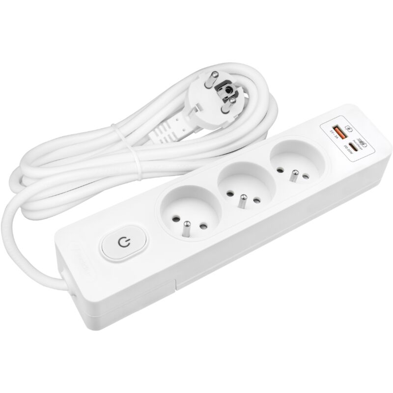 Multiprise seldur G3FH32B, 3 prises type e + interrupteur, usb a+c charge rapide 20W, Blanc, câble 3m