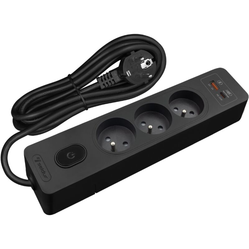 Multiprise SELDUR G3FH52S, 3 prises type E + interrupteur, USB A+C charge rapide 20W, Noir, câble 5m
