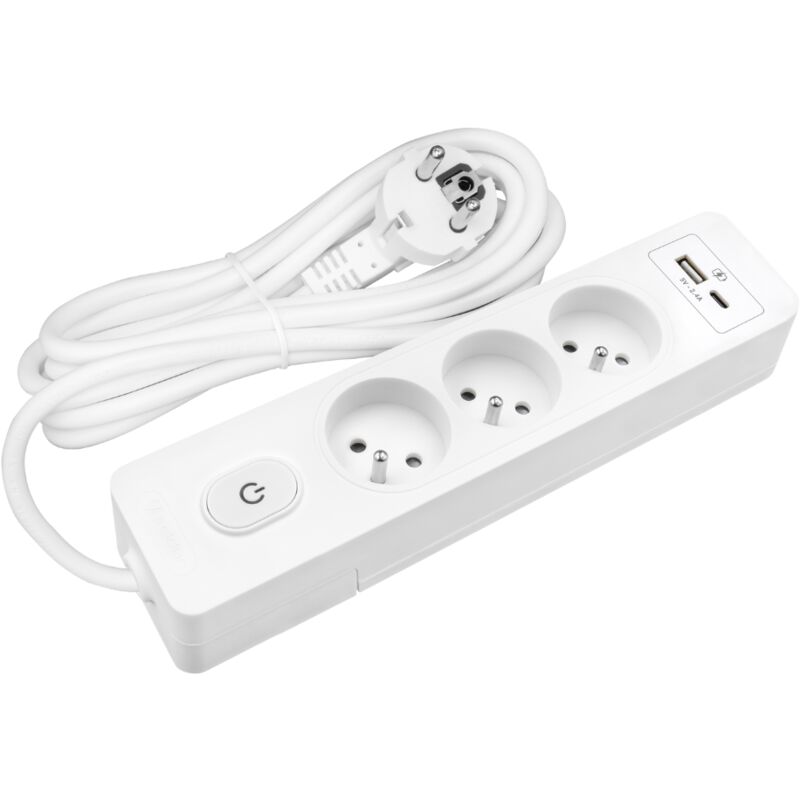 Multiprise SELDUR G3FU52B, 3 prises type E + interrupteur, USB A+C charge standard 12W, Blanc, câble 5m