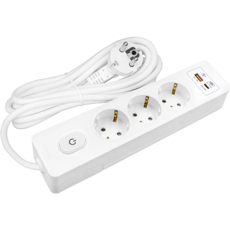 Multiprise seldur G3TH22B, 3 prises type f + interrupteur, usb a+c charge rapide 20W, Blanc, câble 2m